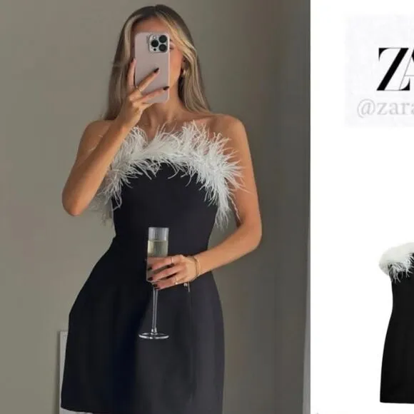 NWT ZARA feather stretchy dress contrasting black&amp;white.  Feathery feather