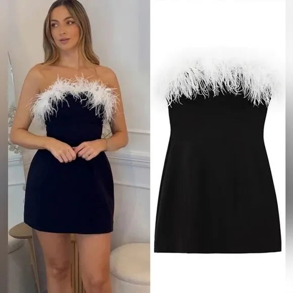 NWT ZARA feather stretchy dress contrasting black&amp;white.  Feathery feather