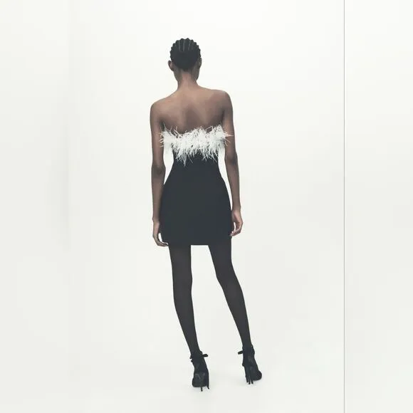 NWT ZARA feather stretchy dress contrasting black&amp;white.  Feathery feather