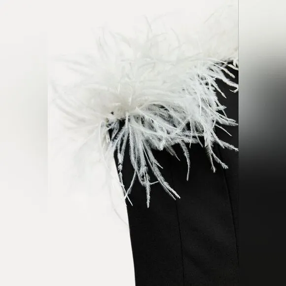 NWT ZARA feather stretchy dress contrasting black&amp;white.  Feathery feather
