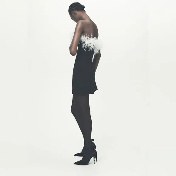 NWT ZARA mini dress with feathers contrast white and black