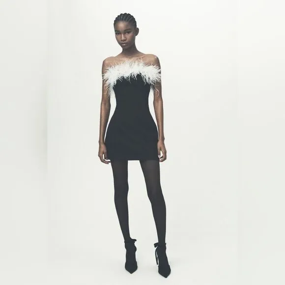 NWT ZARA mini dress with feathers contrast white and black