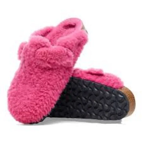 ❄️NWT🩷Birkenstock Boston Shearling Teddy Clogs Silver Big Buckle Fuchsia ✨