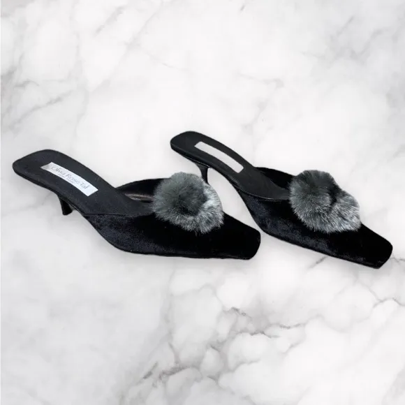 Olivia Rose Tal Suede Furry Pom Pom Slide Kitten Heels
