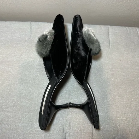 Olivia Rose Tal Suede Furry Pom Pom Slide Kitten Heels