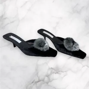 Olivia Rose Tal Suede Furry Pom Pom Slide Kitten Heels