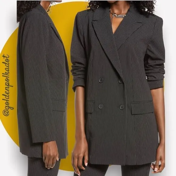 OPEN Edit Pinstripe Man Blazer Double Breasted BlazerJacket Charcoal Shacket