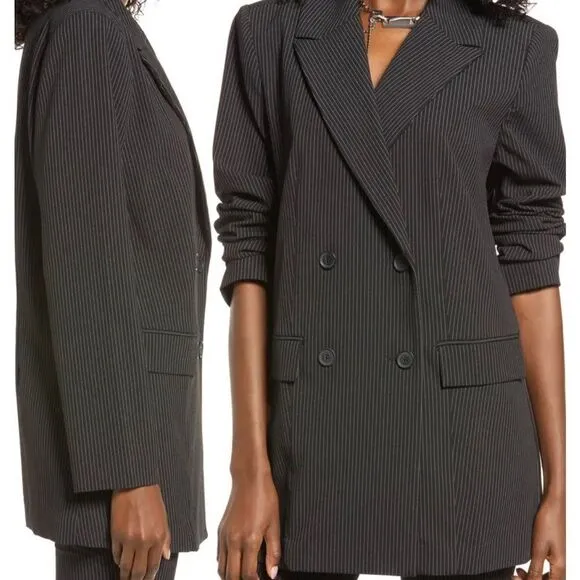 OPEN Edit Pinstripe Man Blazer Double Breasted BlazerJacket Charcoal Shacket