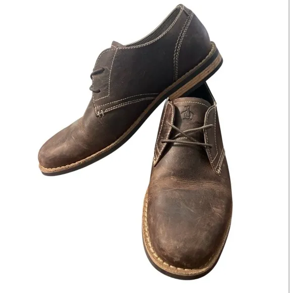 Original Penguin Oxfords Mens 9.5 Waylon Derby Brown Casual Distressed Leather