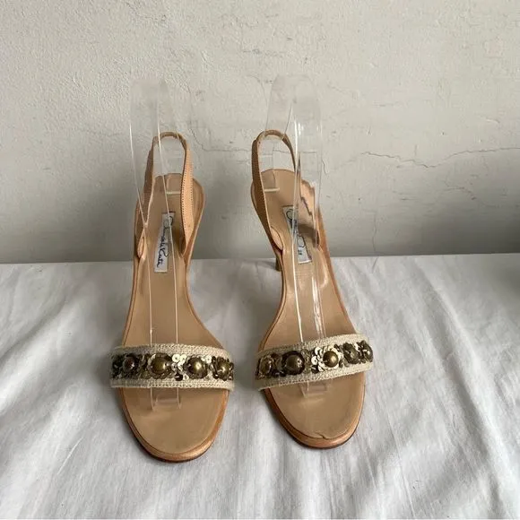 Oscar De La Renta Beaded Linen Sling Back Sandals Kitten Heels