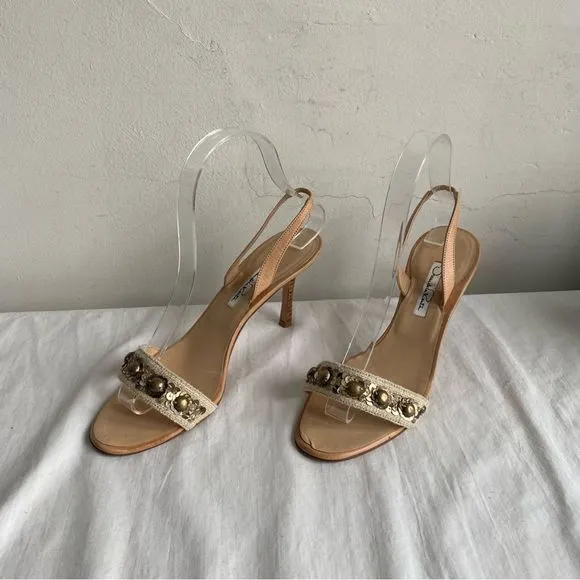 Oscar De La Renta Beaded Linen Sling Back Sandals Kitten Heels