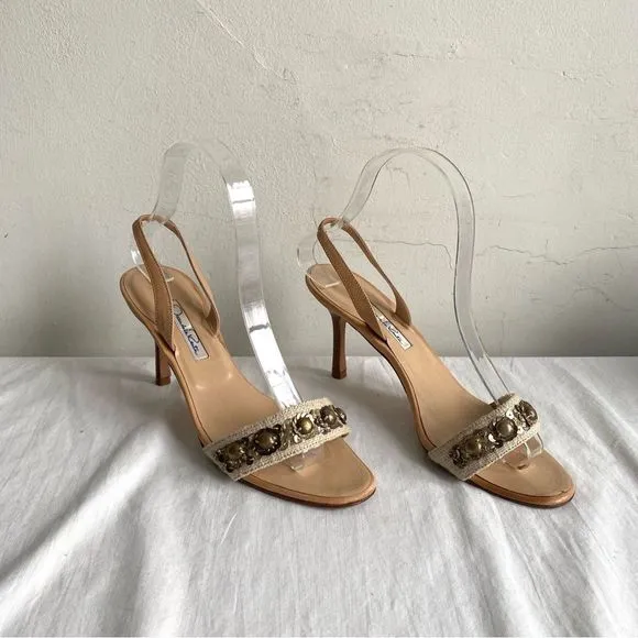 Oscar De La Renta Beaded Linen Sling Back Sandals Kitten Heels