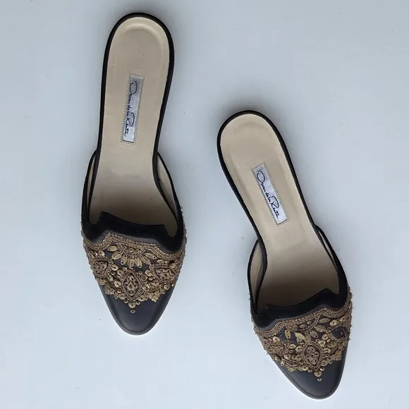 Oscar de la Renta Black &amp; Bronze Leather Filigree Mule 39.5 RUN SMALL