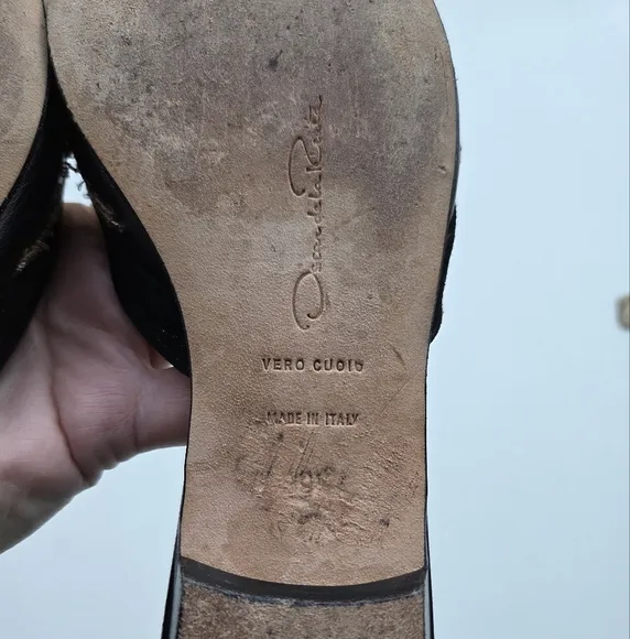 Oscar de la Renta Black &amp; Bronze Leather Filigree Mule 39.5 RUN SMALL