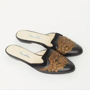 Oscar de la Renta Black &amp; Bronze Leather Filigree Mule 39.5 RUN SMALL