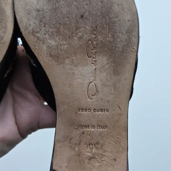 Oscar de la Renta Black &amp; Bronze Leather Filigree Mule 39.5 RUN SMALL