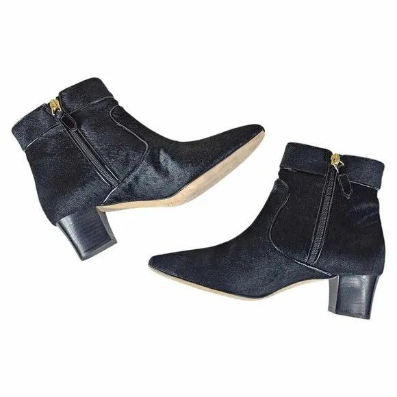 Oscar de la Renta Black Pony Hair Leather Booties Vintage Size 38