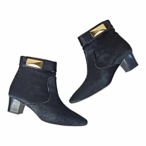Oscar de la Renta Black Pony Hair Leather Booties Vintage Size 38