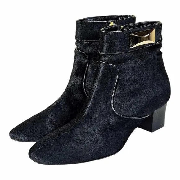 Oscar de la Renta Black Pony Hair Leather Booties Vintage Size 38