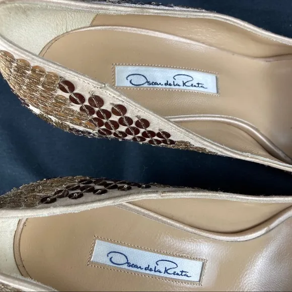 Oscar De La Renta Diana 70 satin sequin open toe kitten heels