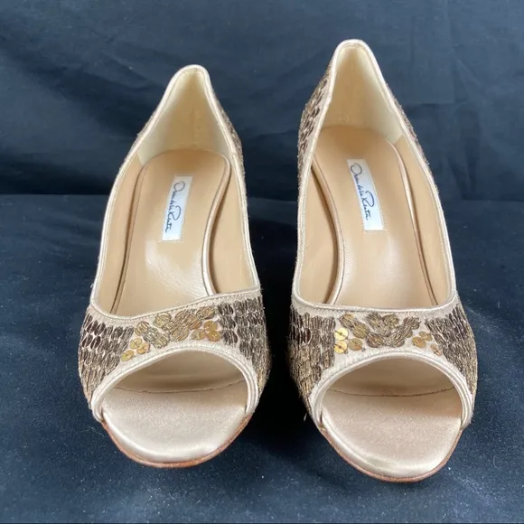 Oscar De La Renta Diana 70 satin sequin open toe kitten heels