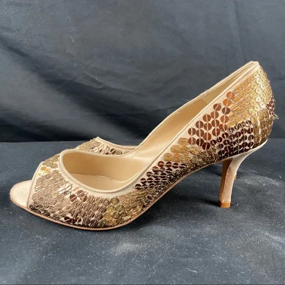 Oscar De La Renta Diana 70 satin sequin open toe kitten heels