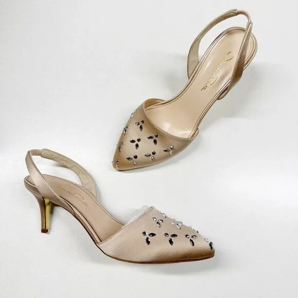 Oscar de la Renta Satin Crystal Embellished Slingback Heels Pumps Womens Size 36
