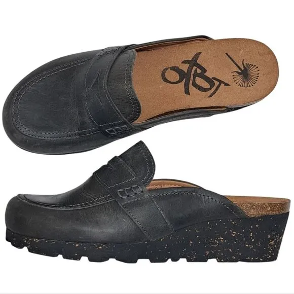 OTBT Homage Leather Wedge Slip On Clogs Cozy Rustic Cork Footbed Sz 8.5 Charcoal