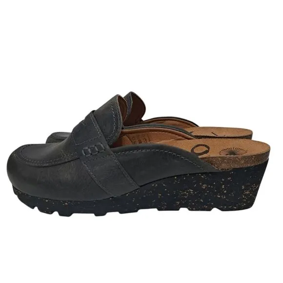 OTBT Homage Leather Wedge Slip On Clogs Cozy Rustic Cork Footbed Sz 8.5 Charcoal