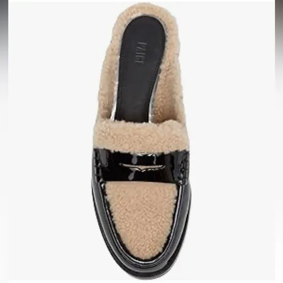 PAIGE Shearling Patent Black and Cream Emmett Flat Mule, 8