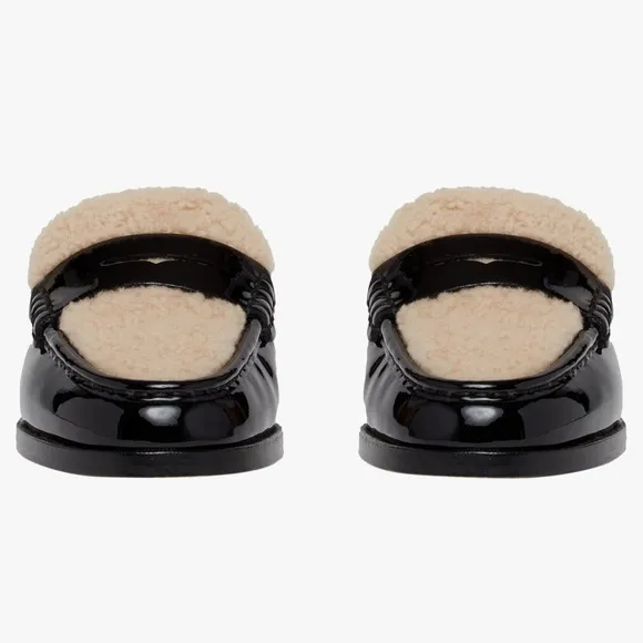 PAIGE Shearling Patent Black and Cream Emmett Flat Mule, 8