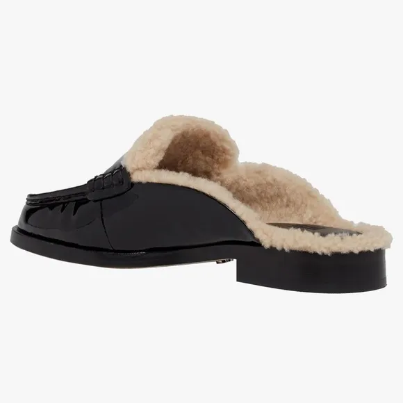 PAIGE Shearling Patent Black and Cream Emmett Flat Mule, 8