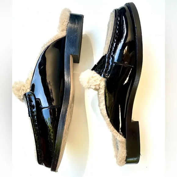 PAIGE Shearling Patent Black and Cream Emmett Flat Mule, 8