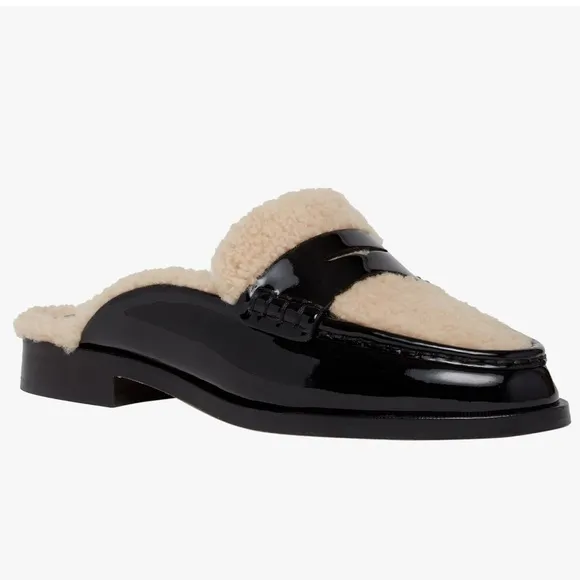 PAIGE Shearling Patent Black and Cream Emmett Flat Mule, 8