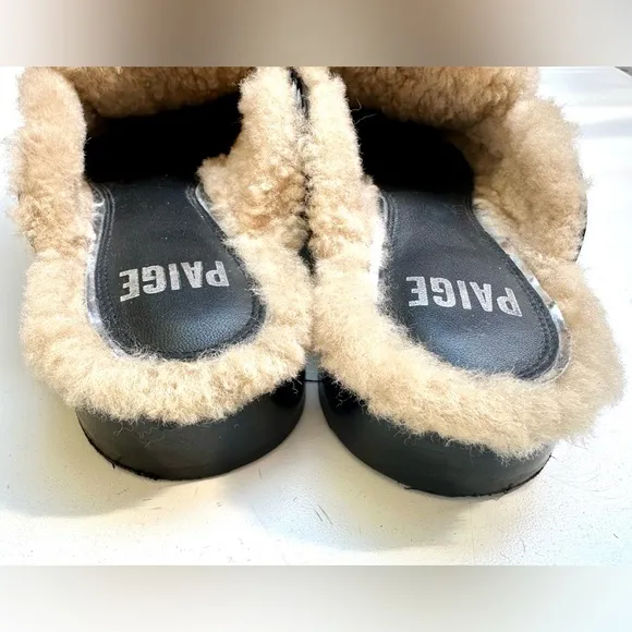 PAIGE Shearling Patent Black and Cream Emmett Flat Mule, 8