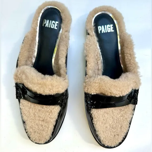 PAIGE Shearling Patent Black and Cream Emmett Flat Mule, 8