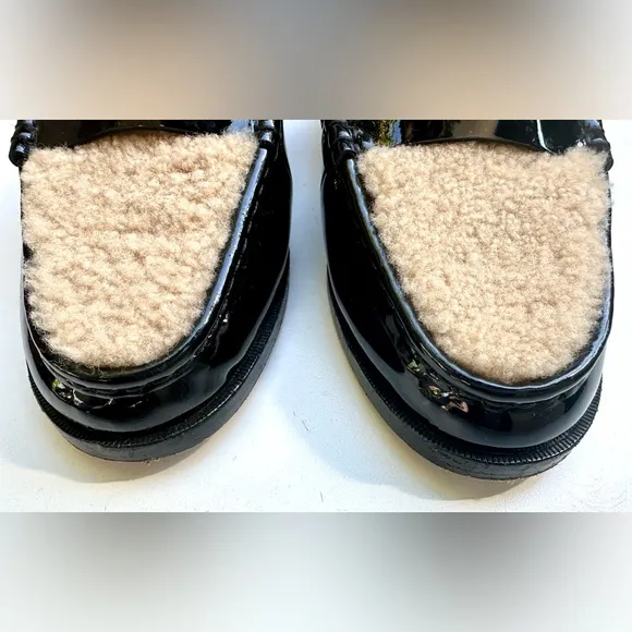 PAIGE Shearling Patent Black and Cream Emmett Flat Mule, 8