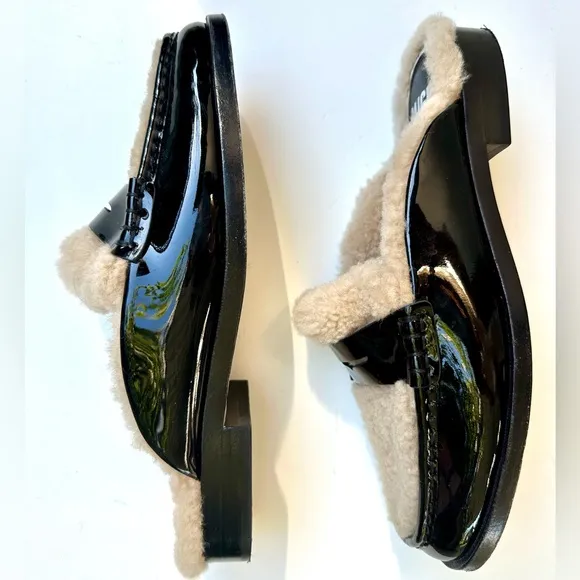 PAIGE Shearling Patent Black and Cream Emmett Flat Mule, 8