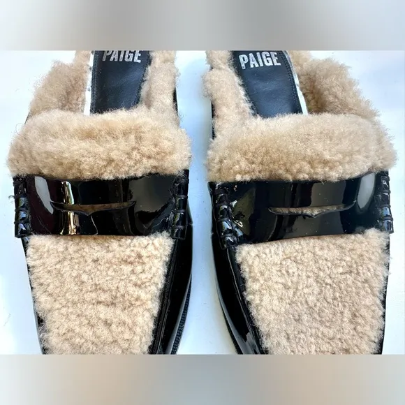 PAIGE Shearling Patent Black and Cream Emmett Flat Mule, 8