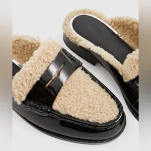 PAIGE Shearling Patent Black and Cream Emmett Flat Mule, 8