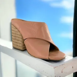 Paloma Barcelo Blush Pink Leather Espadrille Block Heel Peep Toe Mules Size 38