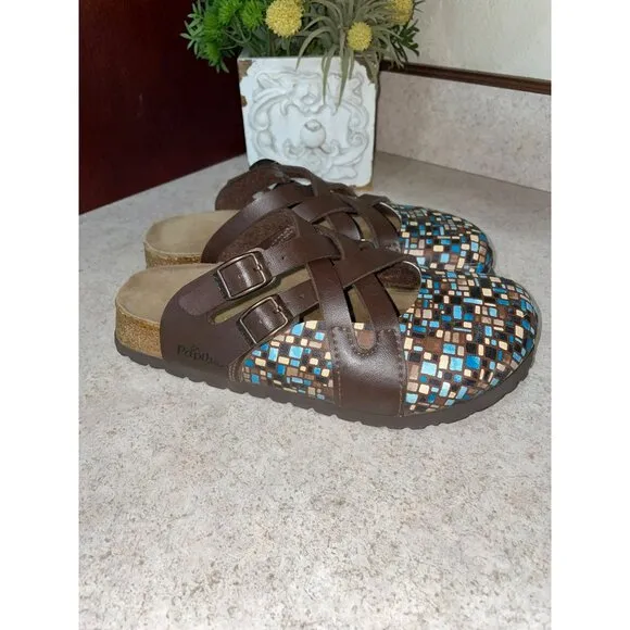 Papillio Birkenstock Boston Comfort Clogs Multi Color Brown Teal Women's Size 36