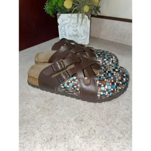 Papillio Birkenstock Boston Comfort Clogs Multi Color Brown Teal Women's Size 36