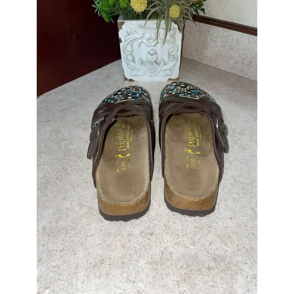 Papillio Birkenstock Boston Comfort Clogs Multi Color Brown Teal Women's Size 36