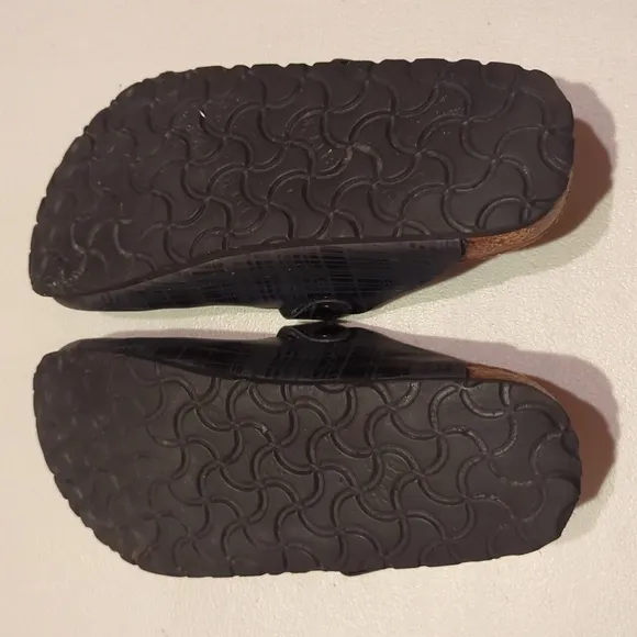 Papillio, by Birkenstock,Boston style black and gray plaid mules/ clogs. Size 36