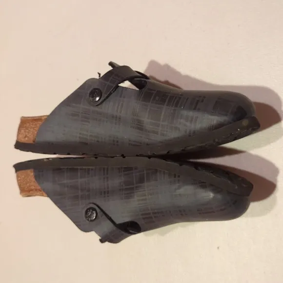 Papillio, by Birkenstock,Boston style black and gray plaid mules/ clogs. Size 36