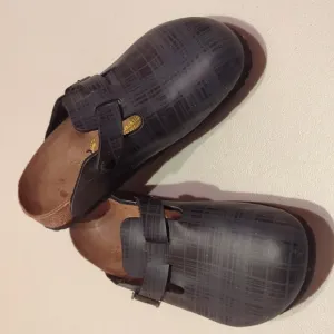 Papillio, by Birkenstock,Boston style black and gray plaid mules/ clogs. Size 36