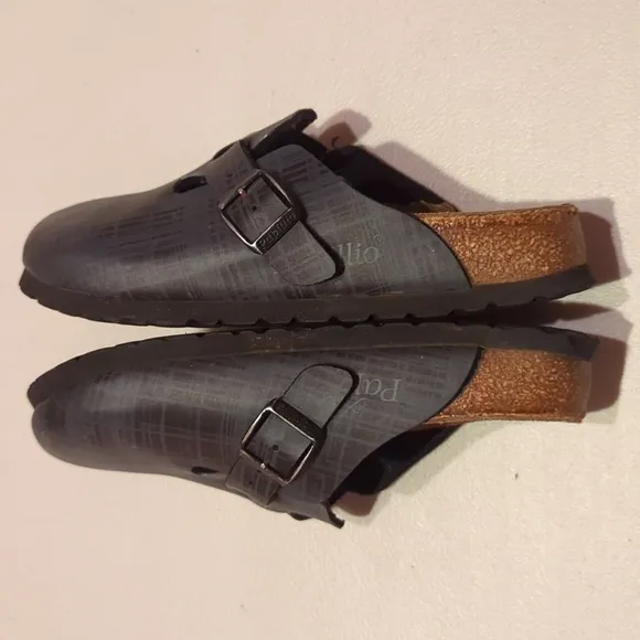 Papillio, by Birkenstock,Boston style black and gray plaid mules/ clogs. Size 36
