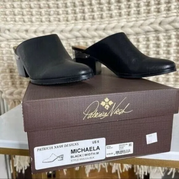 Patricia Nash Black Michaela Slip on Mules Leather Block Heel  Size 6