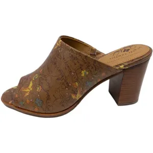 Patricia Nash Floral Map Ottavia Stacked Block Heel Leather Mules 10 Tan Brown